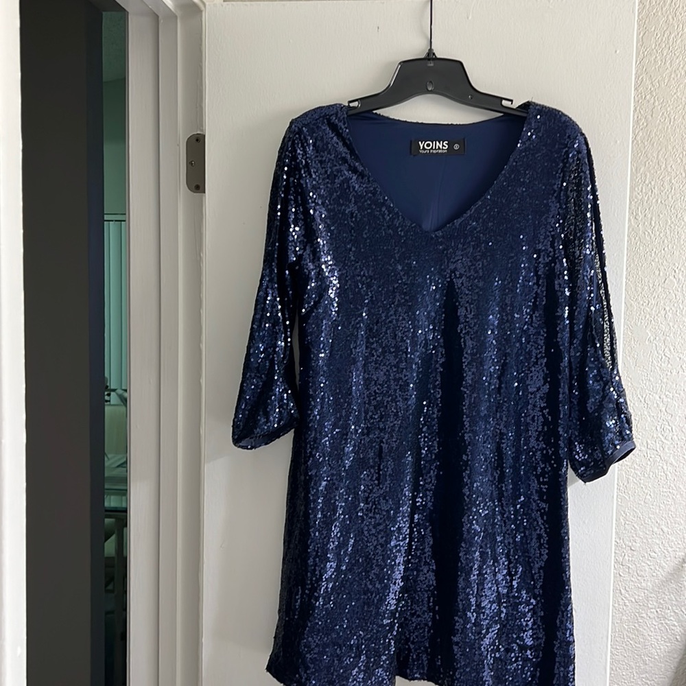 Yoins Navy Blue cold shoulder opensleeve sequin dress